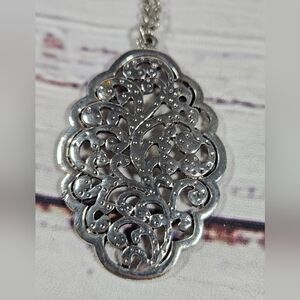 Veronese Filigree Pendant Necklace Silver Tone Ornate Floral
